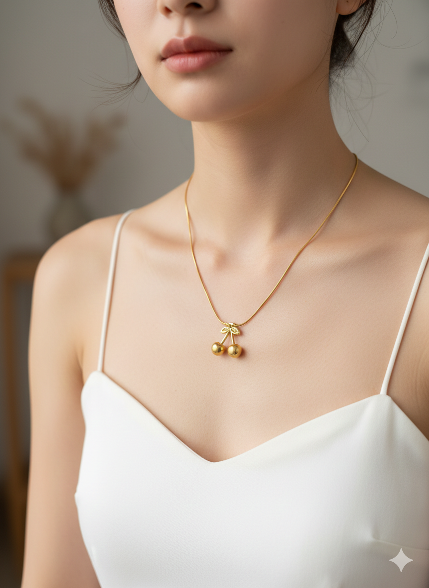 Golden Cherry Charm Necklace